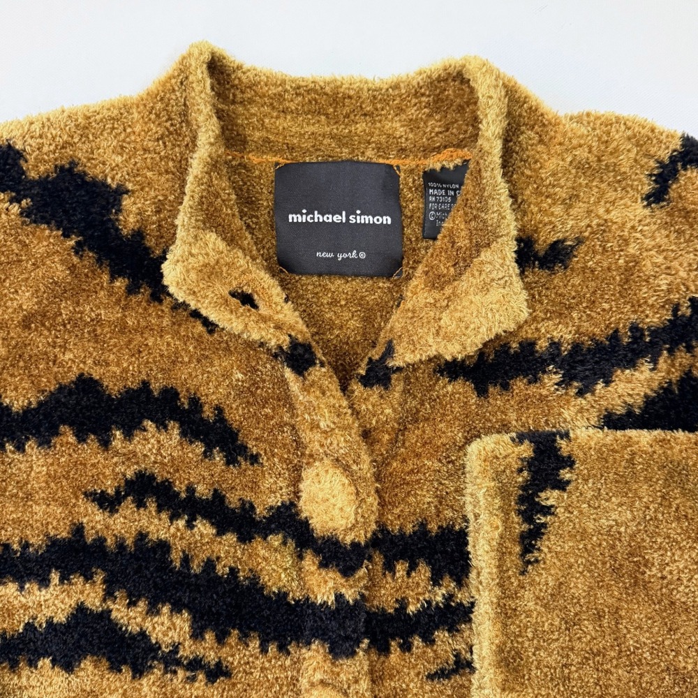 Michael Simon Vintage 90s Tiger Stripe Fuzzy Cardigan Sweater Gold Black M - Picture 2 of 9
